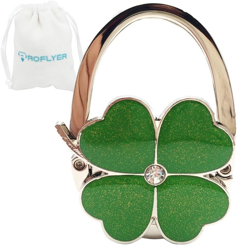 ROFLYER Four Leaf Clover Design Foldable Handbag Hanger Folding Purse Table Hook Holder, with Velvet Pouch(Green) - Image 1